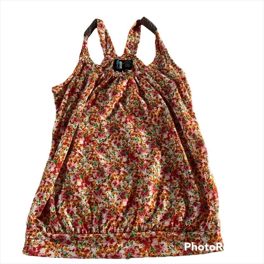 Weavers floral tank orange, pink green with wood details on straps size small